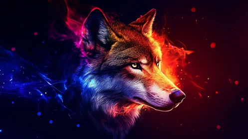 Luminous wolf portrait fused with neon fire and ice light.