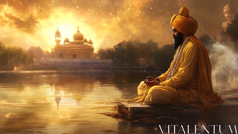 Meditating Sikh ascetic by luminous temple lake at sunrise