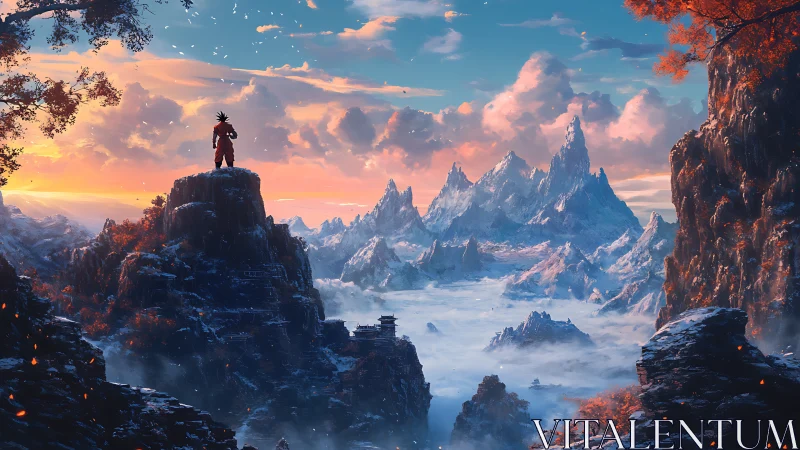 Solitary warrior surveys luminous alpine vista at sunrise