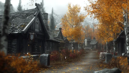 Digital autumn village street in soft atmospheric perspective.