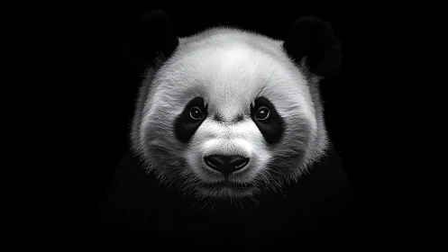 Hyperreal frontal panda portrait isolates form in deep black