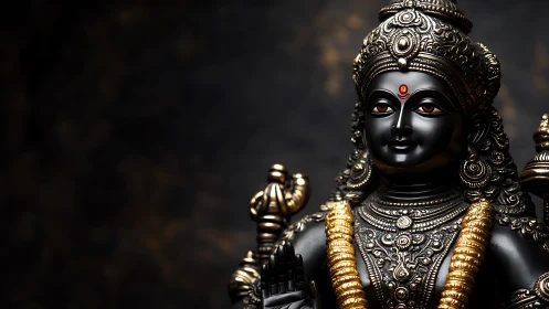 Photorealistic black deity sculpture with ornate gilded adornments.