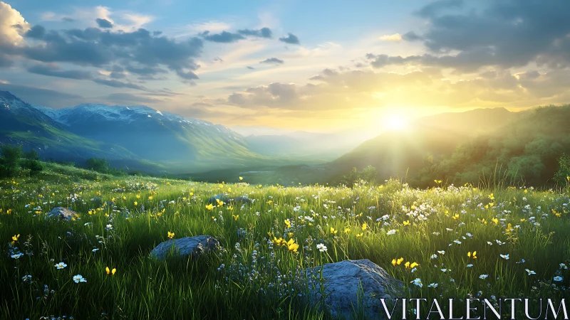 Sunlit alpine meadow renders atmospheric depth and luminous flora