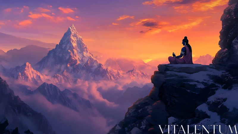 Solitary monk meditates above snow peaks at sunrise