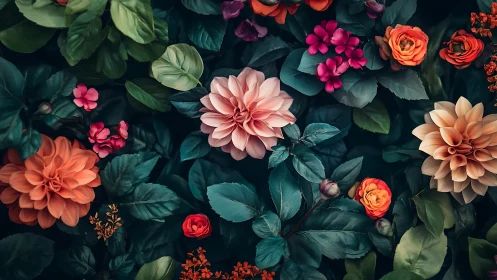Garden in Full Bloom: Dahlias and Roses Overhead View.