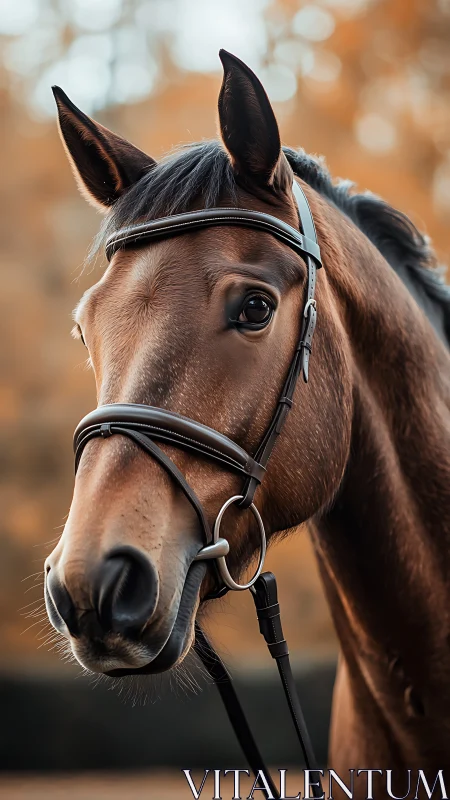 Bay horse portrait captures calm expression in autumn light
