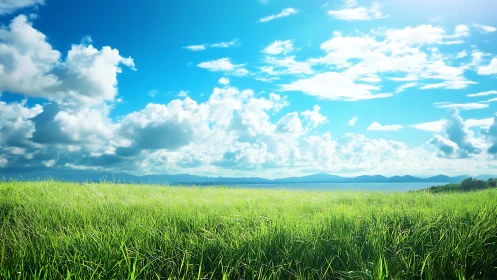 Endless summer meadow under expansive blue sky panorama.