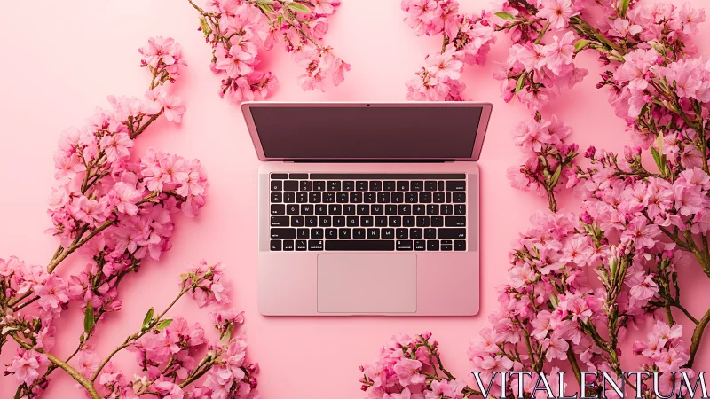 Rose-pink ultrabook amid symmetric cherry blossom branches.