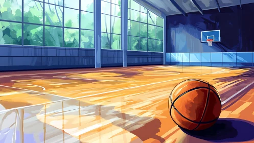 Sunlit indoor court renders solitary basketball with vivid reflections