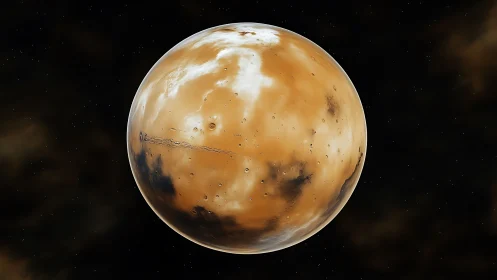 Rust-colored planet orbits silently in dense star field