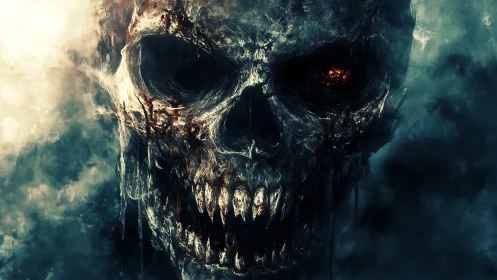 Digital painting of infernal skull with luminous eye socket focus.