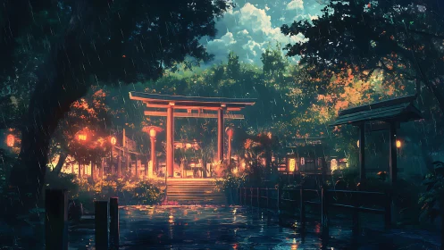 Rainlit shrine torii under glowing lanterns at dusk.