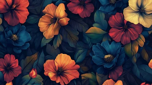 Rendered floral composition with layered botanical forms and contrasting color palette.