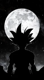 Silhouetted spiky haired figure stands before large full moon
