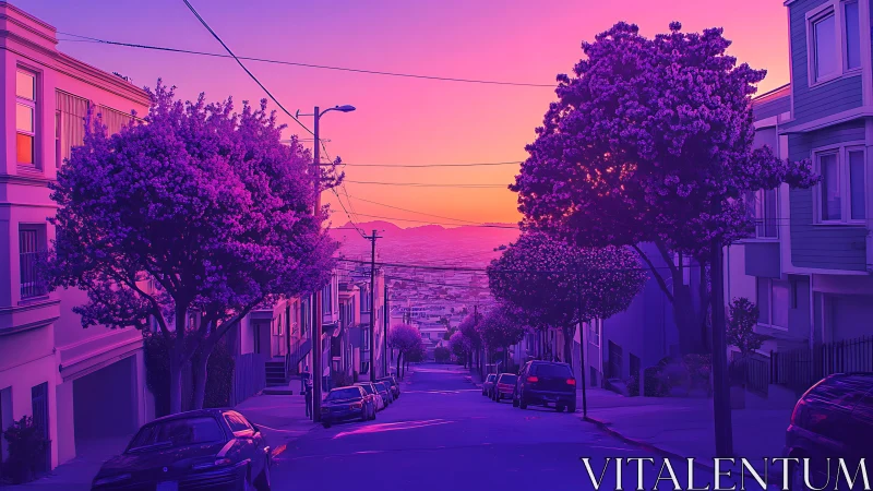 Neon dusk pours over a quiet downhill city street dream.