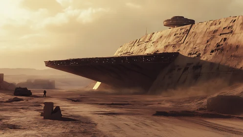 Desert wrecked starship with lone explorer at dusk.