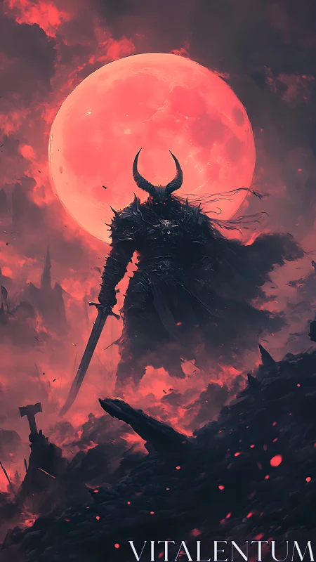 Horned armored figure stands before large red lunar disc