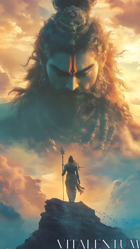 Mythic warrior figure on peak beneath colossal visage.