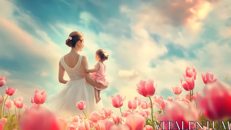 Woman and child stand among pink tulips beneath bright sky
