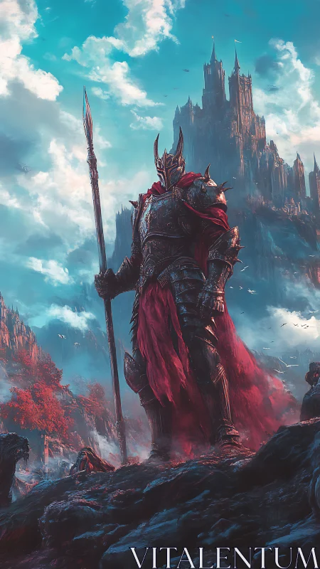 Crimson warlord towers before stormlit obsidian fortress.