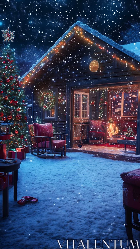 Cozy holiday cabin glows warmly amid gentle falling snow.