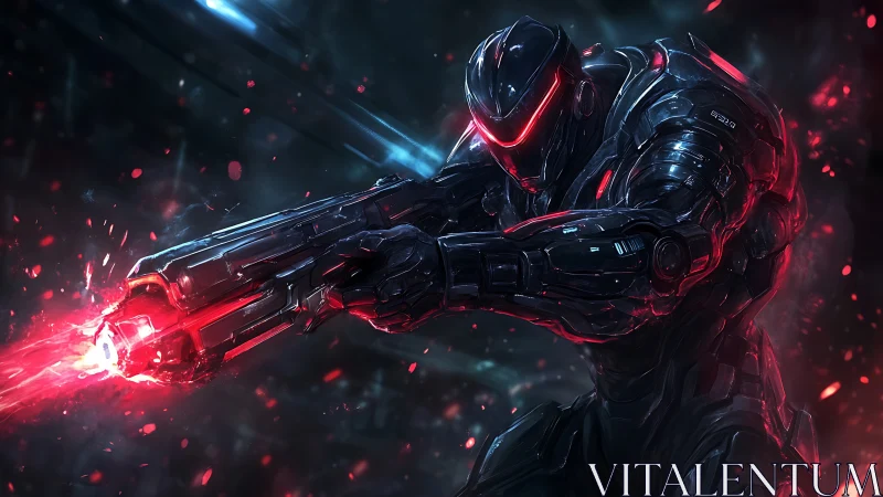 Armored cybernetic soldier fires energy rifle in combat