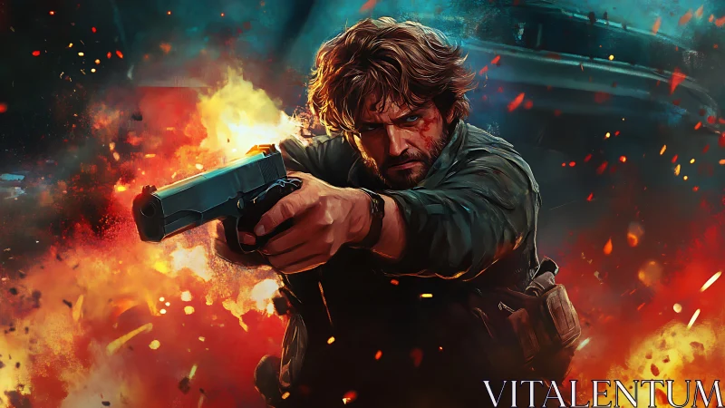 Battle-hardened gunman advances through blazing chaos.