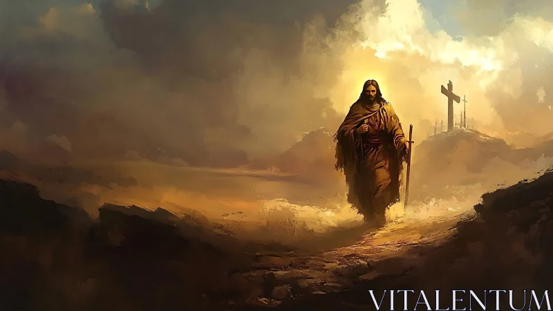 Solitary robed figure walking toward distant hill crosses.