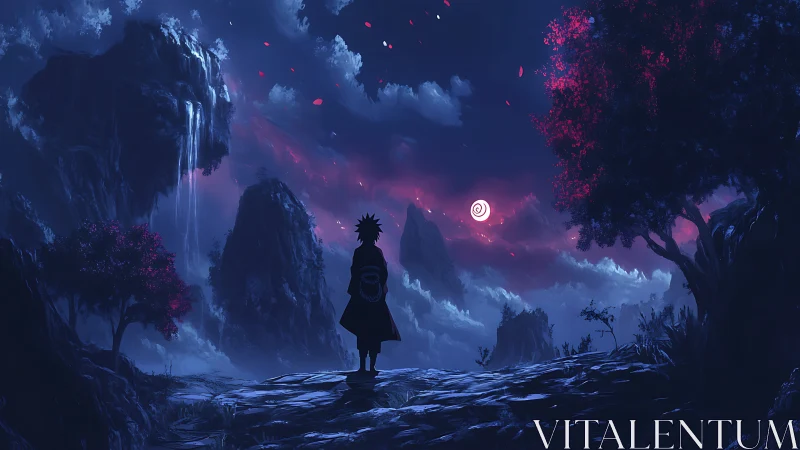 Lone cloaked figure studies a glowing moon over misty peaks.