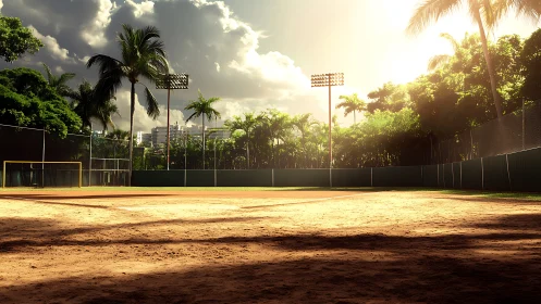 Empty tropical baseball field sits under bright late sun