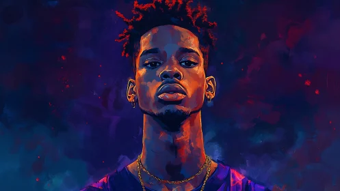 Bold portrait glowing in rich neon blues and oranges.