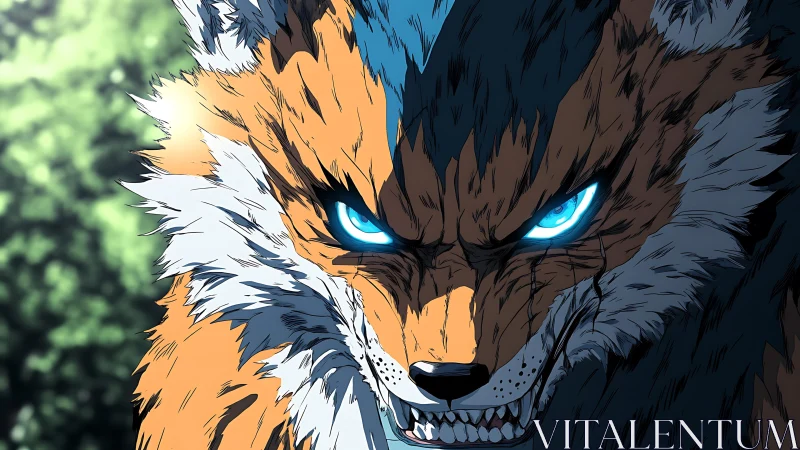 Bioluminescent-eyed dual-toned wolf portrait in anime style