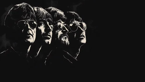 Monochrome portrait of four men wearing sunglasses, profile.