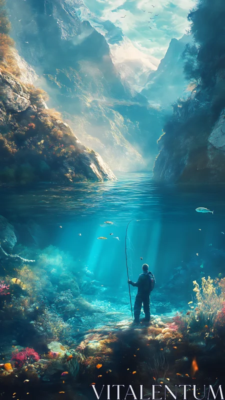 Solitary fisherman stands in luminous split-view mountain cove