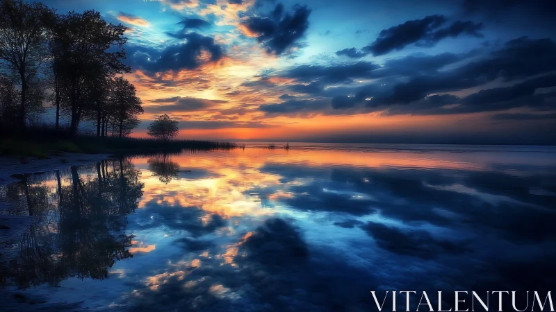 Sunset sky is mirrored across still lake water surface