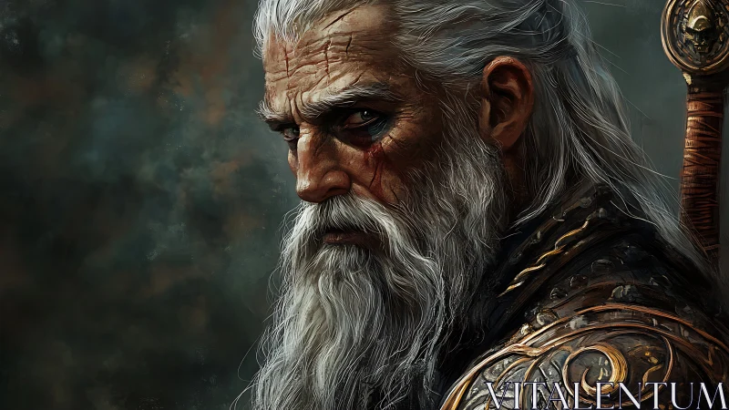 Battle-scarred silver-haired warrior rendered in dramatic digital chiaroscuro
