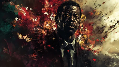 Storm-touched gentleman walks through exploding painted dusk