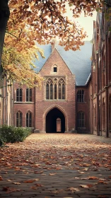 Gothic brick college courtyard under golden autumn canopy.