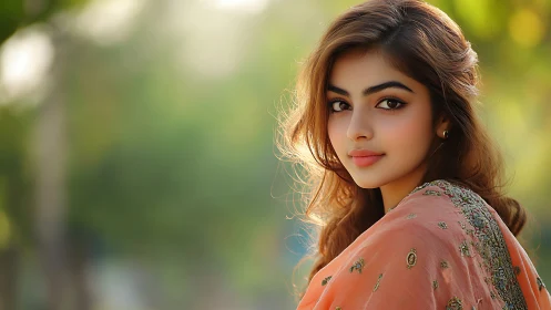 Diffuse bokeh portrait with embroidered peach textile drape.