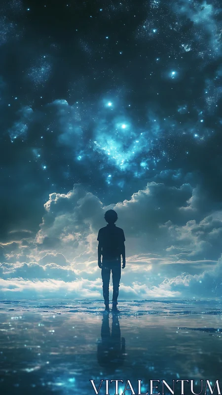 Silhouette boy gazes starfield over mirrored ocean horizon