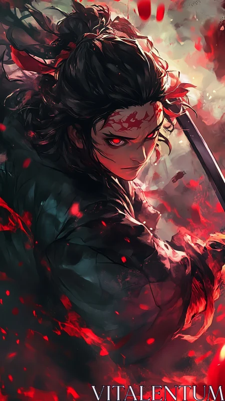 Demonic-eyed swordsman turns amid swirling crimson embers