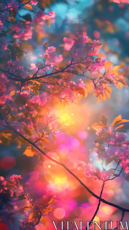 Luminous Blossom Dream: Pink Petals Ablaze in Gilded Bokeh.