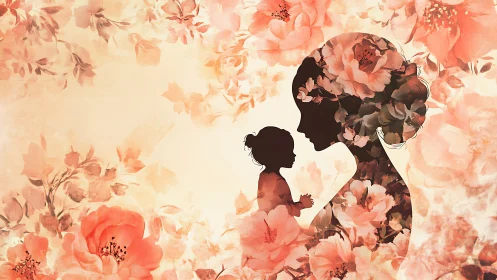 Mother and Child in Floral Silhouette. Double Exposure.