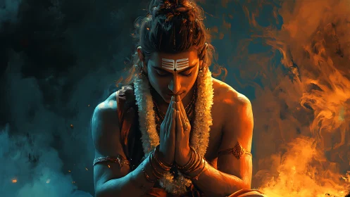 Meditative warrior bows in fiery, smoke-filled divine glow