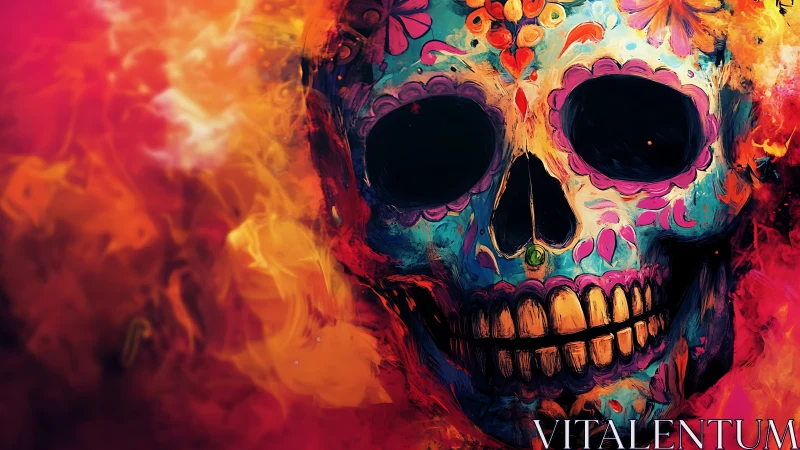 Vibrant sugar skull blazes through swirling festival flames