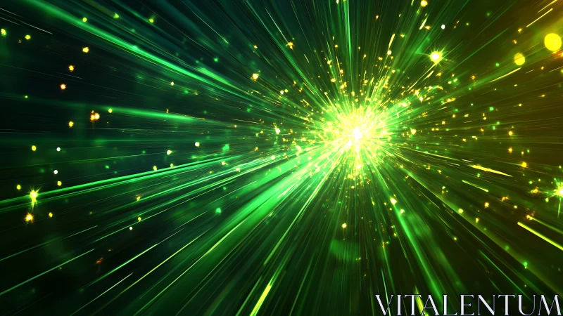 Emerald lightburst racing through a glittering cosmic tunnel.