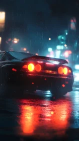 Sports car rear view in neon lit rainy city street.
