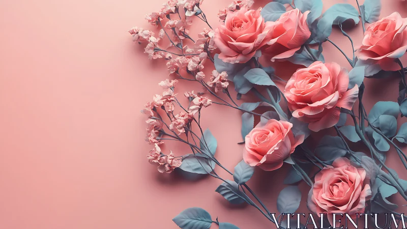 Coral Roses with Blue Eucalyptus on Pink Background.