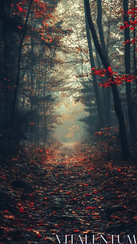 Autumn Forest Path Glowing Through Red Foliage