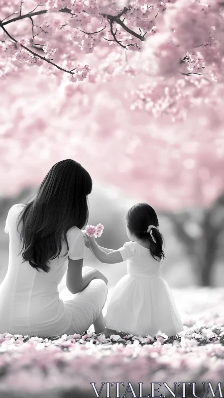Mother and Daughter Under Blooming Cherry Tree.